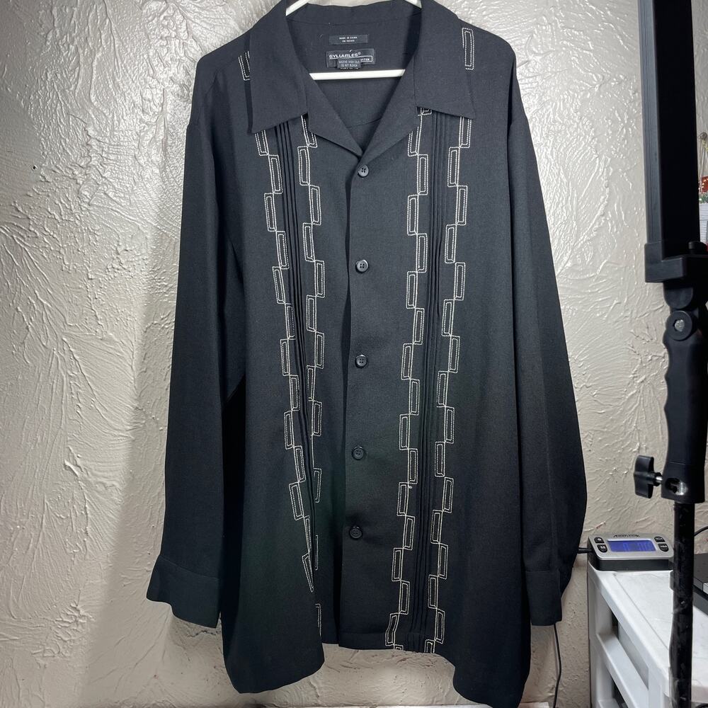 Syllables System Black Long Sleeve Button‎ Up Embroidered Pleated Shirt Mens XL
